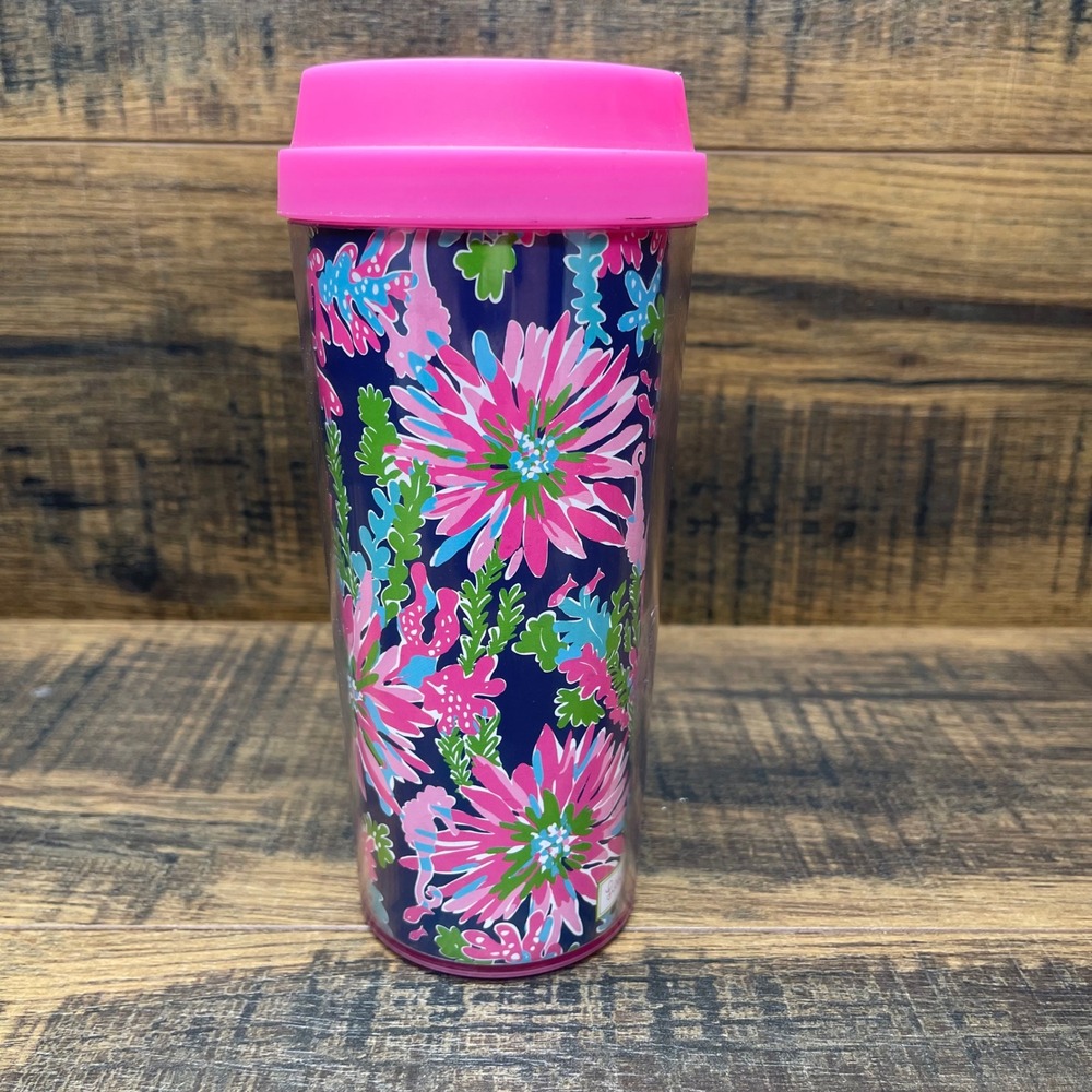 Lilly Pulitzer 16oz Travel Tumbler Floral Coral Print Insulated Acrylic Mug Pink
